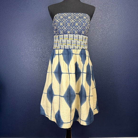 Maeve Dresses & Skirts - Anthropologie Maeve Boho Shibori Tie Dye Strapless Dress, Blue & Tan, Size 8
